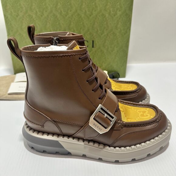 NIB Gucci GG Lace-Up Boots 9 US 9.5 Brown Leather Yellow Insert Side Zip $1600 main image 15